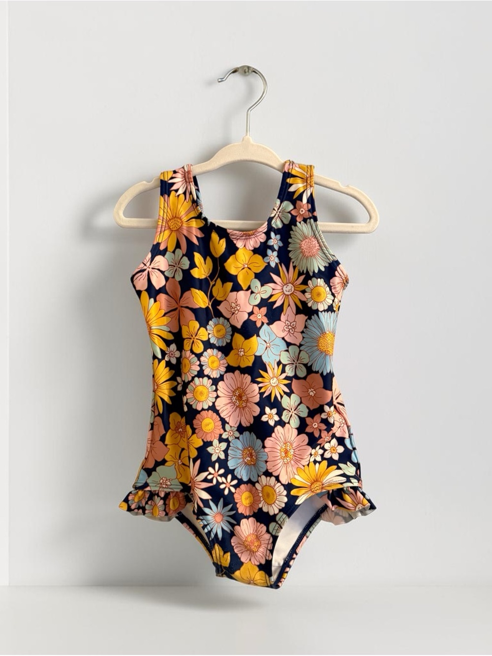 H&M Navy Floral Kids One-Piece Swimsuit with Yellow & Pink Flowers